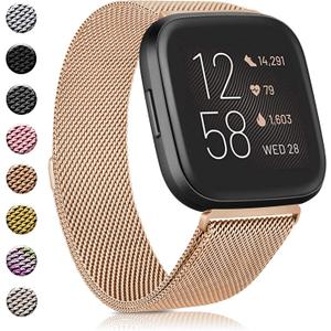 Amzpas Bands Compatible with Fitbit Versa, Breathable Stainless Steel Loop Mesh Magnetic Adjustable Wristbands for Women & Men (Small, .Rose gold)