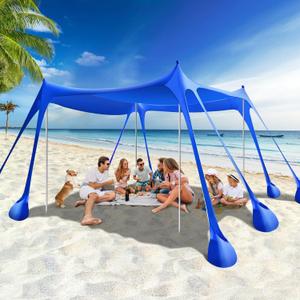Rhino Valley Beach Tent, Beach Shade UPF50+ Protection, Beach Canopy with 8 Sandbags 4 Stability Poles, Outdoor Beach Tent Sun Shelter Umbrella for Sand, Camping, Fishing Essentials