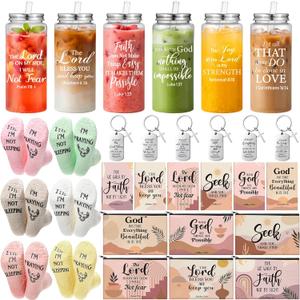 Mimorou 30 Pcs 2026 Christian Gifts for Women Bulk Mothers Day Gifts 13.5 oz Bible Verse Plastic Tumblers with Lid Straw Religious Socks Boho Cosmetic Bags Notepads Scripture Keychains Church Favors