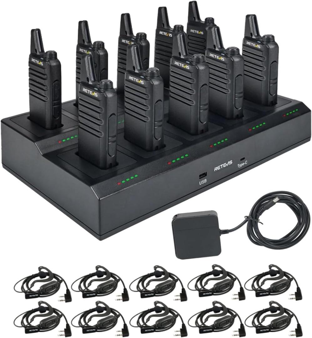 Retevis RT22 Walkie Talkies for Adults with Earpiece, Two Way Radio with 10 Gang Charger-USB-Type-C Port, FRS, Portable, 300,000 sq. ft/25 Floor Range, for Retail (10 Pack)