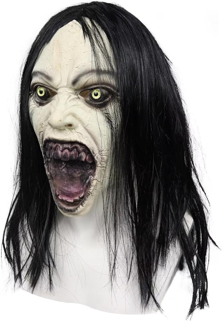 Bulex Horror Crying Woman Mask with Wigs Scary Evil Ghost Devil Creepy Demon Full Head Latxe Mask Horror Halloween Masquerade Party Cosplay Props