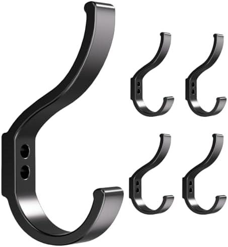 Pack of 2 for 5 Pack Coat Hooks Heavy Duty for Hats Backpack(30LBS),Decorative Black Wall Towel Hooks for Hanging Jackets Robes Purse Clothes,A Modern Home Deco for Your Bathroom Kitchen Entryway