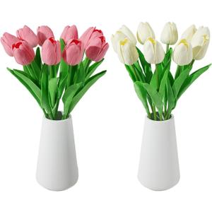 Real-Touch Artificial Tulips with 2 Ceramic Vases, 20 Stems Faux Floral Arrangement Set, Spring Easter Table Centerpiece, Modern Farmhouse Decor