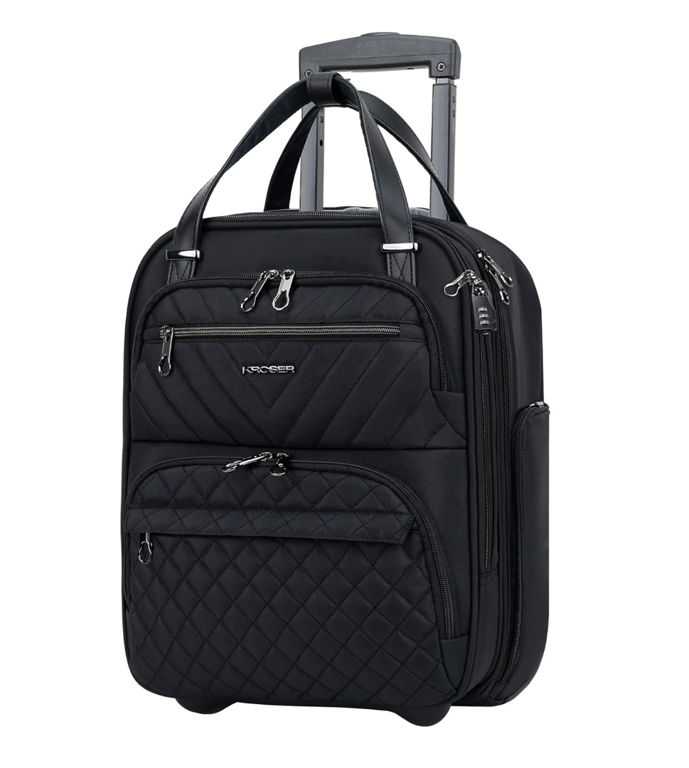 KROSER Carry On Underseat Multi-functional, 16-inch Underseater Lightweight Overnight Suitcase for Men Women, Black