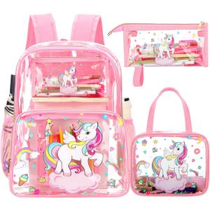 Kacctyen 3 Pcs Clear Backpack Heavy Duty Clear Stadium Bag Transparent Backpack with Lunch Bag(Pink,Rainbow, Unicorn), 16.9 x 12 x 6.5 inches