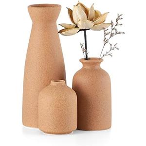 CEMABT Brown Ceramic vase Set-3 Small Flower vases for Decor,Modern Boho Farmhouse Home Decor,Decorative vase for Pampas Grass&Dried Flowers,idea Shelf,Table,Bookshelf ，Entryway- Distressed
