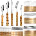 Eboot Bamboo Silverware Set 18/8 Stainless Steel Tableware Set Natural Utensil Flatware Kit Spoon Fork Knives Bamboo Handle Cutlery for Kitchen Wedding Home Restaurant Party(Silver,60 Pieces)