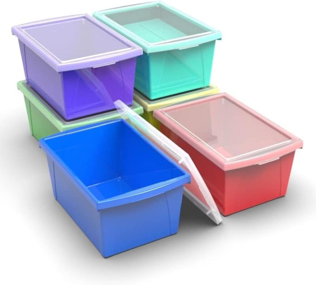 Storex 5.5 Gallon Storage Bin with Lid Plastic Classroom Organizer for Books and Supplies, Assorted Colors, 6-Pack (62741U06C)