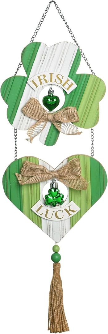 Valery Madelyn St Patrick's Day Decorations, Rustic Wooden Shamrock Decorations, Farmhouse St Patrick's Day Wall Decor Hanging Decor with Tassel and Beads, Spring Decoration for Home Office, 17 inch (Medium)