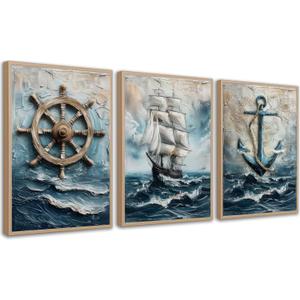 3pcs Vintage Nautical Canvas Wall Art Sailboat Rudder And Anchor Painting Pictures Nautical Coastal Posters Prints Wall Decor Antique Sailboat Nautical Artwork for Home Living Room Bedroom Unframed