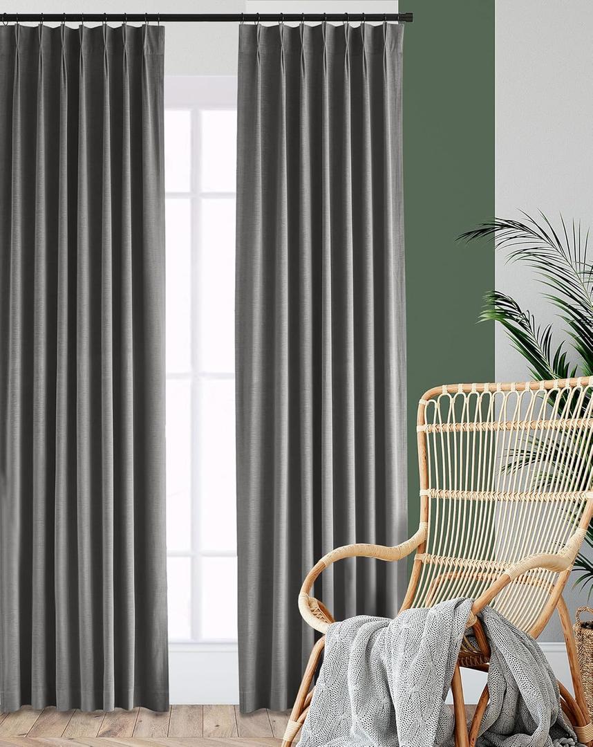 Hillcrest Gray Chenille Velvet Pinch Pleated Blackout Curtains Room Darkening Thermal Insulated Window Drapes 108 Inches for Living Room Bedroom, Back Tab with Hooks 2 Panels,38" W x 108" L x 2