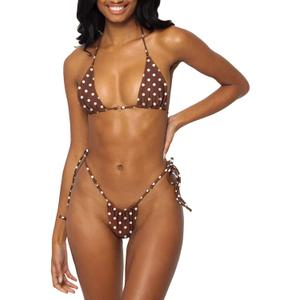 Women Halter String Bikini Set Sexy Thong Cheeky Two Piece Swimsuits Solid Color Bathing Swimwear (Small, Coffee Polka Dots)