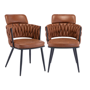 BFZ Mid-Century Modern Dining Chairs - Set of 2, Faux Leather Upholstered with Woven Back, Metal Legs for Dining, Kitchen, Living Room, Whiskey Brown