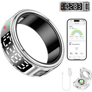 Smart Ring Health Tracker for Women & Men - IP68 Waterproof Fitness Rings with LED Screen, Heart Rate/Blood Oxygen/Sleep Monitoring/Motion Tracking, No Subscription Fee(9#)