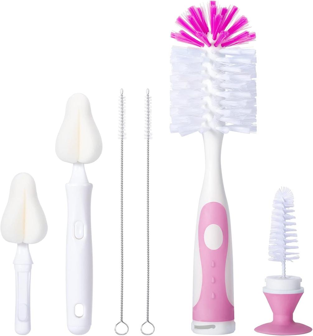 CAREBABYMORE Baby Bottle Brush Set with Nipple Cleaner and Suction, 10.2" Cleaning Brush and 6.5" Sponge Bottle Brush with A Replacement Brush Head and Two 6.7" Straw Brushes, Pack of 5 (Pink)