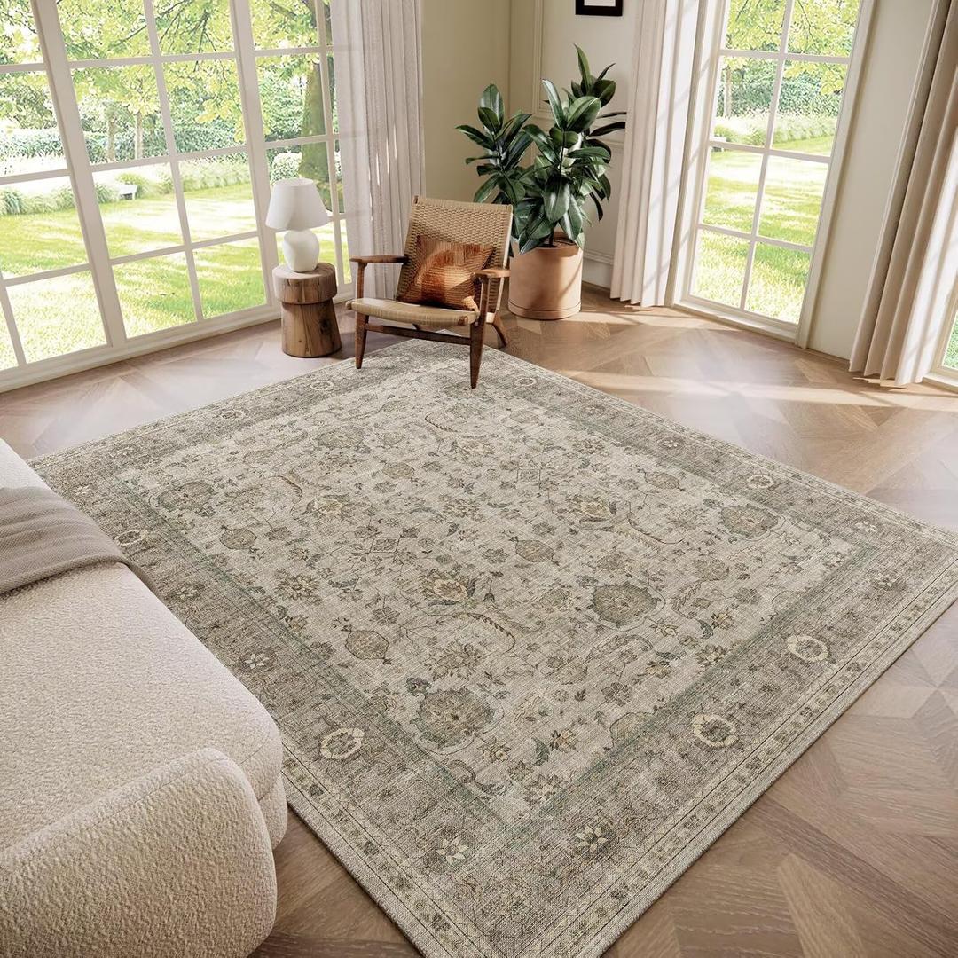 Washable 6x9 Area Rugs for Living Room, Boho Non-Slip Vintage Distress Large Rugs for Bedroom Dining Room Nursery Office, 0.3" Neutral Oriental Throw Thin Carpet, Flaxen/Multi, B2