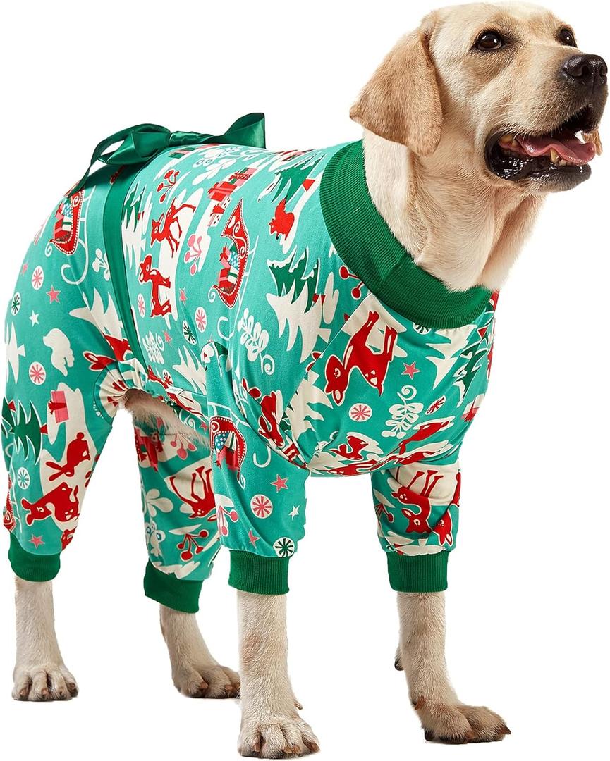 LovinPet Large Dog Christmas Pajamas for Dogs - Shirts for Big Dogs Xmas Holiday Costume Lightweight Pullover, Christmas Critters Aqua Prints Large Dog Pjs, Pitbull Dog Onesie, Pitbull Onesie, 2XL (Green)
