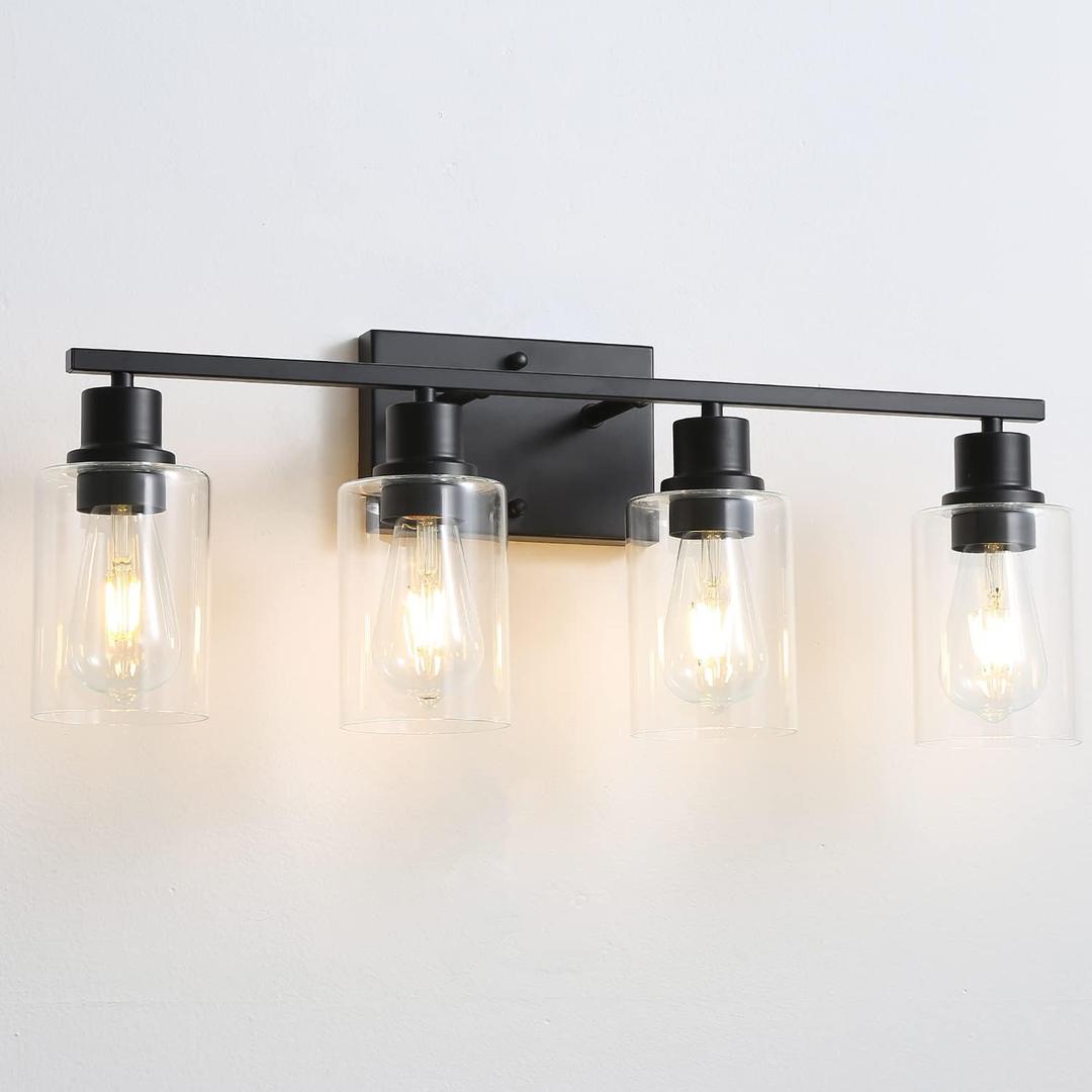 EMONG 4 Light Bathroom Vanity Light 23.6in Matte Black Bathroom Light Fixtures with Glass Shade Modern Wall Sconces Lighting for Bathroom Mirror Farmhouse Hallway (AM-70050-4-BK)