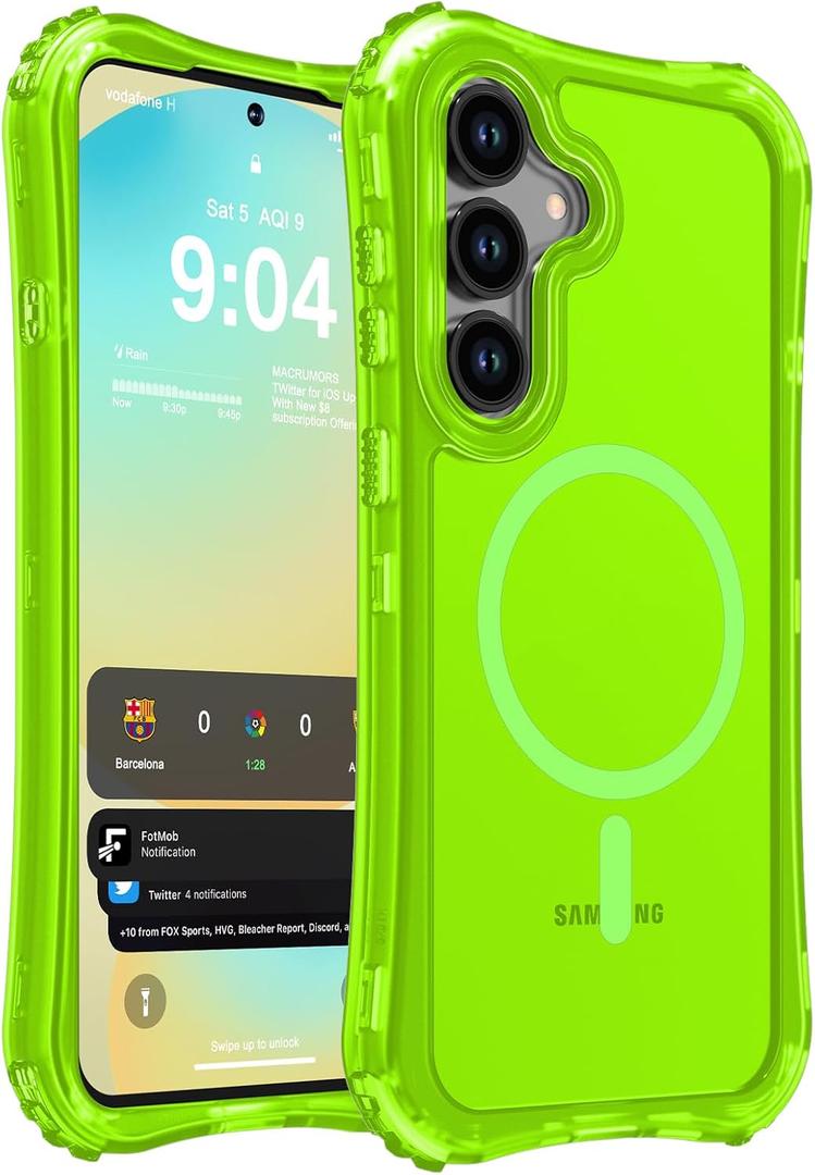 WRJ for Samsung Galaxy S25 FE Case Matte,2-Layer Durable Bumper [Compatible with MagSafe][Military Grade Drop Protection] Translucent Anti-fingerprint Full Body Shockproof Phone Case-Fluorescent Green