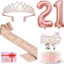 21st Birthday Decorations for Her, Include 21st Birthday Sash and Tiara, Cake Topper and Candles, Number Balloons, 21 Year Old Gifts for Her
