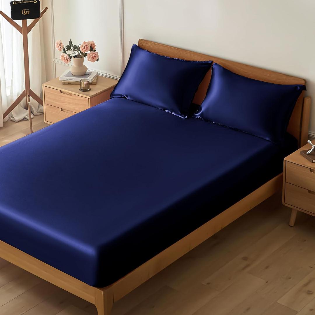 VACVELT 3-Piece Satin Fitted Sheet Set Full Size, Navy Blue Bottom Bed Sheet with 2 Pillowcases, Similar to Silk Sheets, Luxury & Silky Bedding Set, 15 Inch Deep Pocket