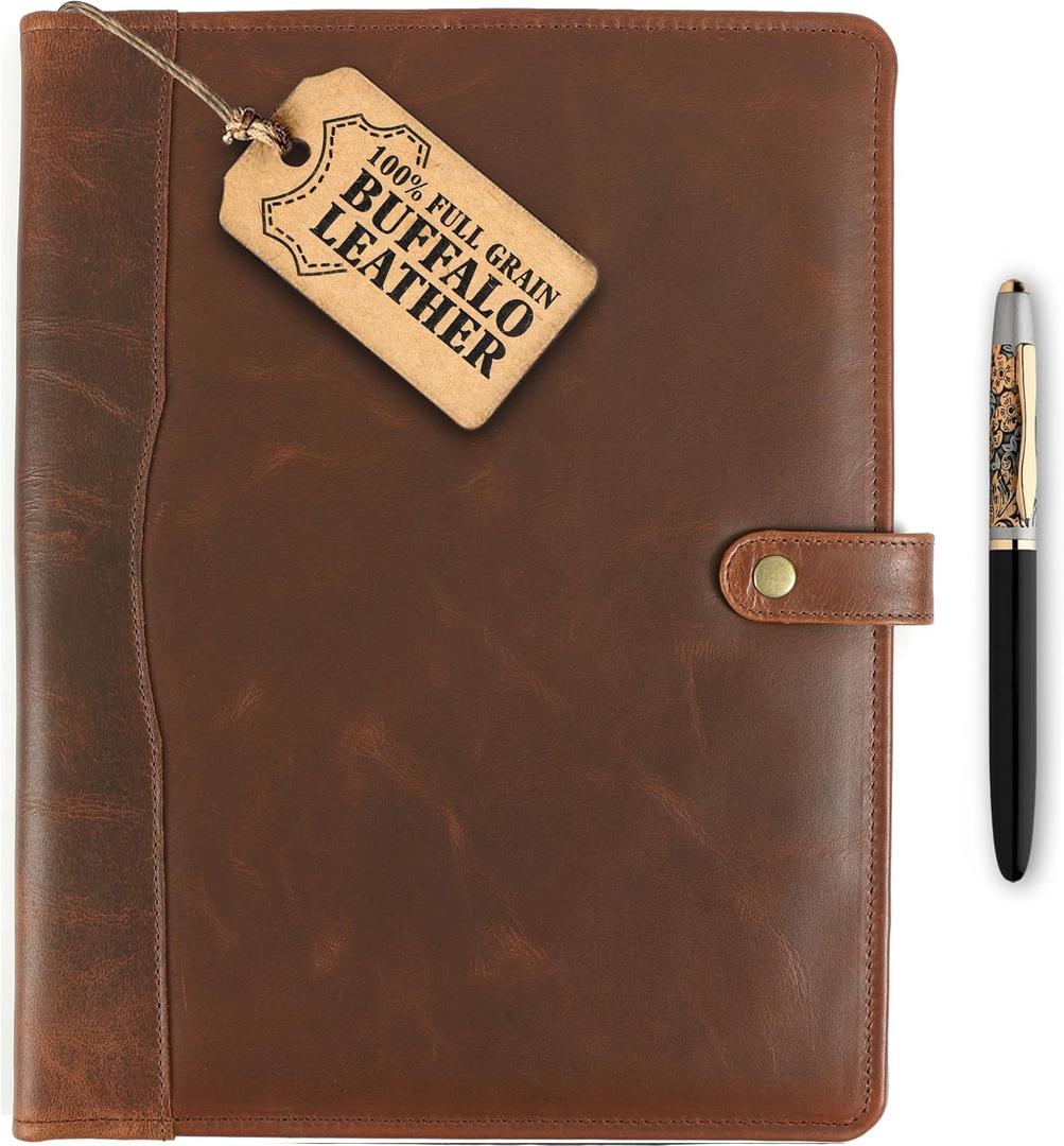 Leather Portfolio, Leather Binder with Pen, Resume Organizer & Padfolio for Men and Women | Business Portfolio with Card Holder & Document Organizer (Brown)