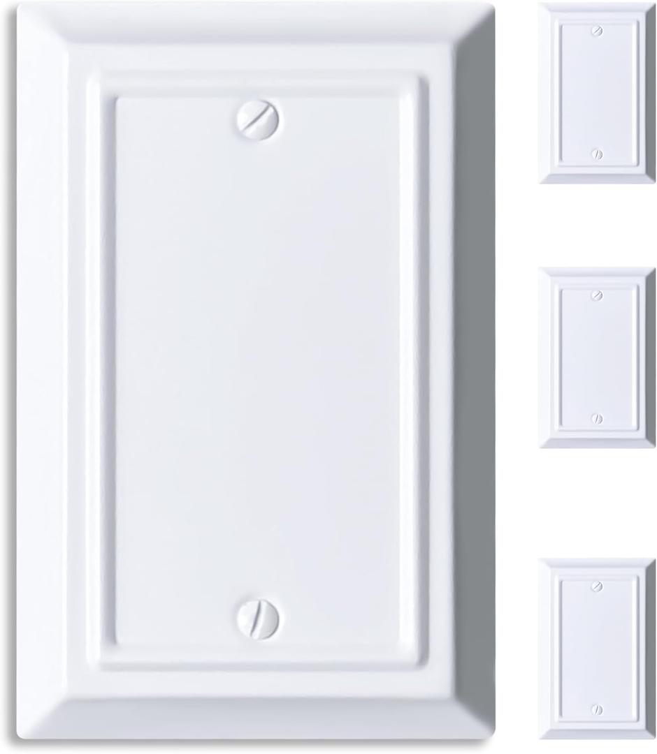 Metal Electrical Outlet Covers, Light Switch Cover Wall Plates, Mid Size Thicker Decorative Switch Plates,Receptacle Wall Plate of Modern Styles (Pure White, 1 Gang Blank 4 Pack)