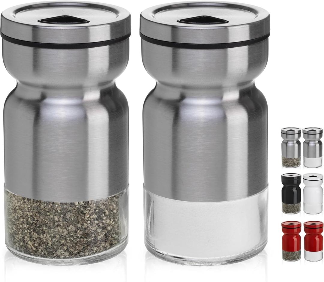 Salt and Pepper Shakers Set with Adjustable Pour Holes by CHEFVANTAGE - Stainless Steel