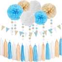Light-Blue White Boho Champagne-Gold Party-Decorations - 23pcs Boy Birthday Baby Shower Paper Tissue Pom Poms Streamers,Tassel Garland Banner,Bachelorette Bridal Wedding Dusty Decor Lasting Surprise