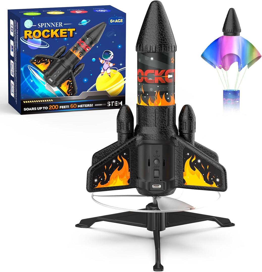 Rocket Launcher for Kids, 200 ft Self Launching Motorized Rocket Toy with LED and Safety Parachute Land, Outdoor Toys Cool Birthday for Boys Ages 8-12 (Orange), Medium-sized rocket