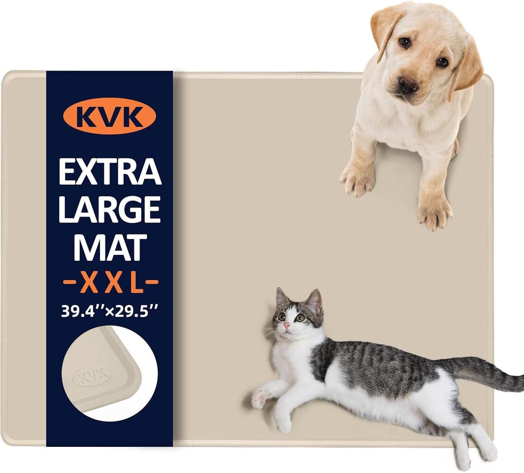 KVK Dog Food Mat, 39.429.5in Extra Large Silicone Pet Feeding Mat - Waterproof, Non - Slip, Chew - Resistant for Food & Water, Protect Floors (Cream)