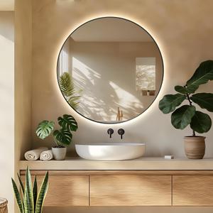 30" Round LED Bathroom Mirror, Wall Mounted Backlit Vanity Mirror with 45 Beveled Frame Lighted Mirror for Bedroom, Fog Free 3-Color Dimmable Lights Memory Function, Black