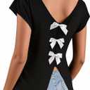 Avanova Women Bow Open Back Backless Tops Cap Short Sleeve V Neck Shirts Summer Casual Black Large (Black, L)