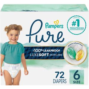 Pampers Pure Baby Diapers, Size 6 (35+ lbs), 72, Up to 100% Leakproof, Premium Hypoallergenic Soft Diapers