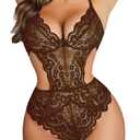 Avidlove Women Lingerie Lace Bodysuit Teddy Lingeries V Neck Cut Out One Piece Mini Babydoll (X-Small, Brown)