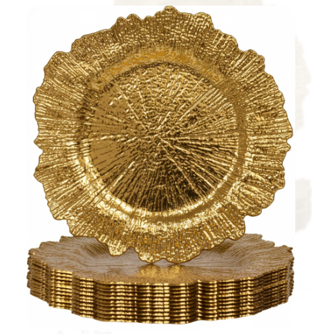MAONAME 13" Gold Charger Plates, Round Reef Chargers for Dinner Plates, Plastic Plate Chargers for Table Setting, Wedding Decor, Set of 12