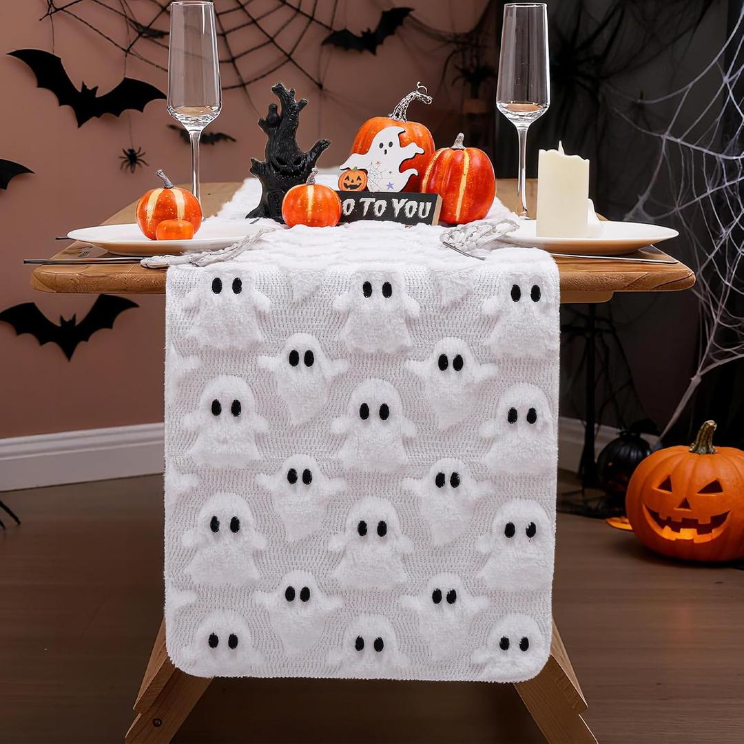 BINBE Table Runner Faux Fur Soft Plush Cute Ghost Table Runner for Kitchen Dining Table Decoration Home Party Decor 13x72 Inch White