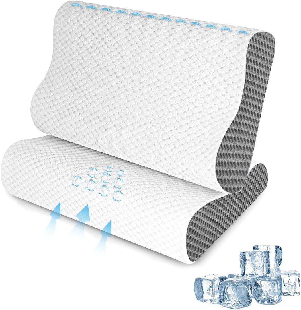Cooling Pillows Queen Size Set of 2, Memory Foam Bed Pillows for Sleeping, Ergonomic Cervical Pillow for Neck and Shoulder Pain Relief, with PillowcaseGrey
