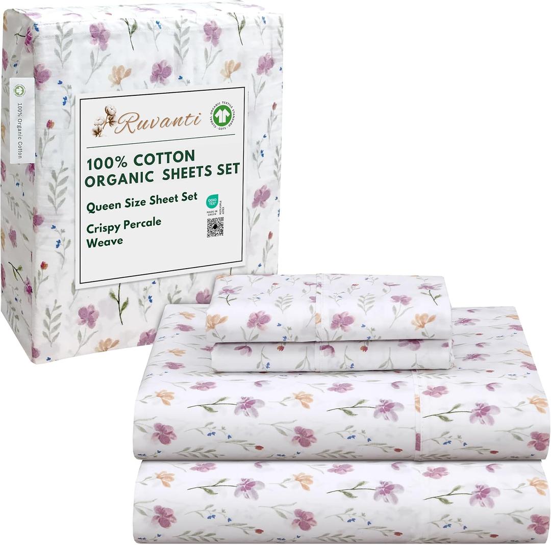RUVANTI 100% Cotton Organic Percale Sheets Queen Size – Crisp Cooling Bed Sheets for Hot Sleepers, Deep Pocket 15”, Soft Peach Finish, Breathable & Durable Hotel-Style 4 Pcs, Obsessed Stems
