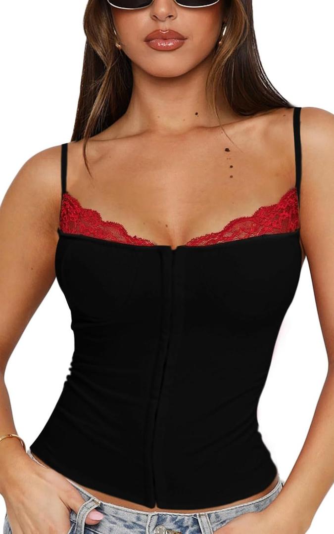 Women’s Slim Fit Sleeveless Lace Trim Tank Top Cami for Date Night (Black, M)