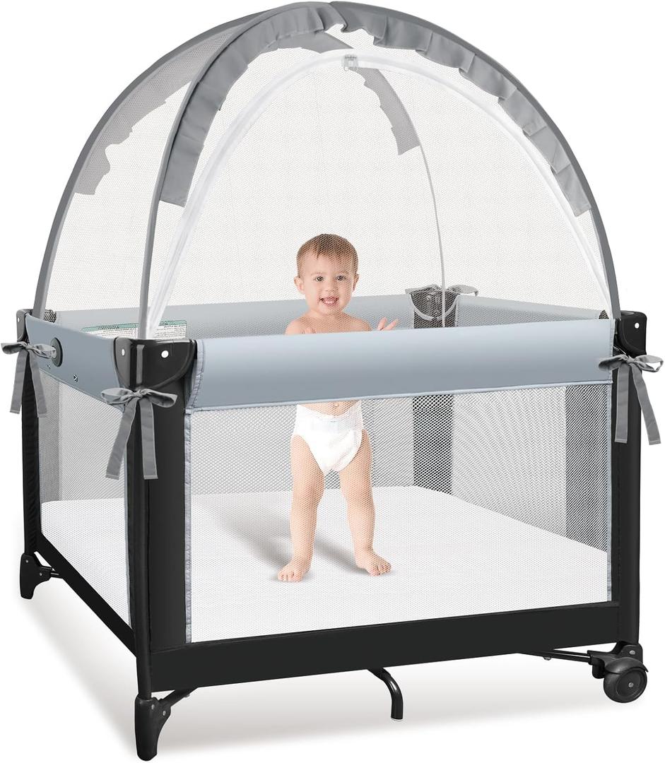 Crib Tent to Keep Baby from Climbing Out Crib Net to Keep Baby in Mesh Crib Climbing Prevention, Pop Up Baby Crib Tent, Two-Way Self-Locking Metal Zipper (Grey, Small)