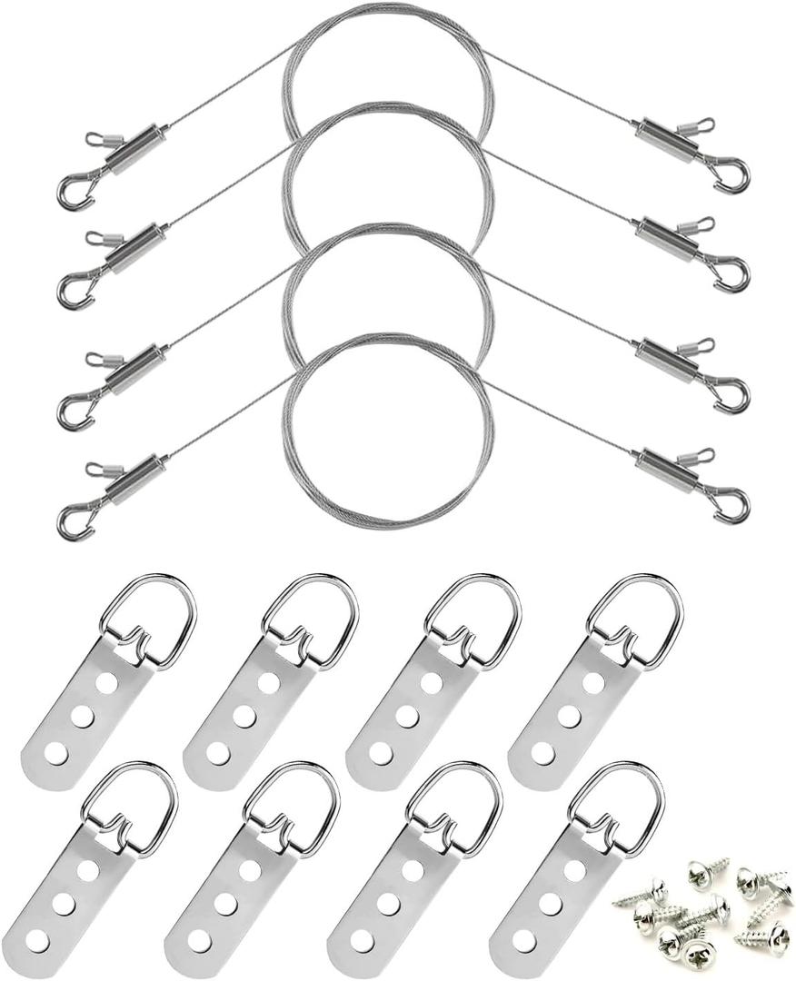 Picture Wire Hanging Kit, 4Pcs 6.56ft Adjustable Mirror Frame Hanging Wire Small Hook, Heavy Duty 50lbs Stainless Steel Rope with 8Pcs D Ring Picture Hangers for Painting/ Art/ Canvas/ Home