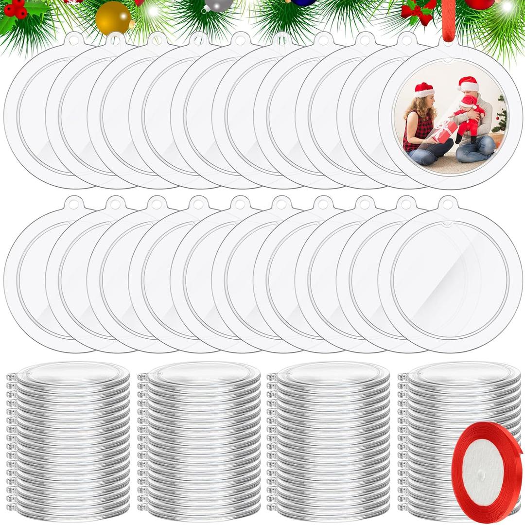 100 Pcs 2025 Christmas Clear Round Frame Ornaments with Red Ribbon, Acrylic Blank Round Photo Frame Bulk, Hanging Photo Ornaments for Christmas Tree Decoration (Classic Style)