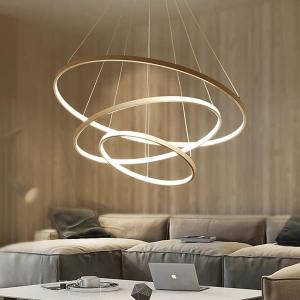 3-Rings Chandelier Gold Modern LED Chandeliers for Living Room, Dimmable Round Hanging Light with Remote Control Circular Pendant Light Fixture for Dining Room Foyer Entryway, 3000K-6500K