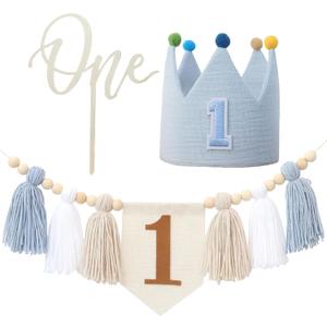 Baby First Birthday Party Decorations Blue High Chair Banner Crown Cake Topper First Birthday Party Decorations