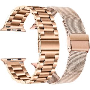 TRUMiRR Band Sets for Apple Watch 10 42mm / 9 8 7 41mm Rose Gold Women, 2 Pack Solid Stainless Steel Watchband + Mesh Strap for iWatch SE Series 6 5 4 3 2 1 40mm 38mm
