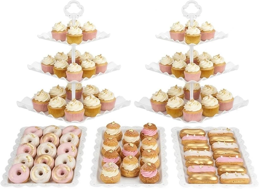 NWK 5 Piece Cake Stand Set with 2 x Large 3-Tier Cupcake Stands, 3 x Appetizer Trays, for Wedding Birthday Baby Shower Tea Party Decorations (White)