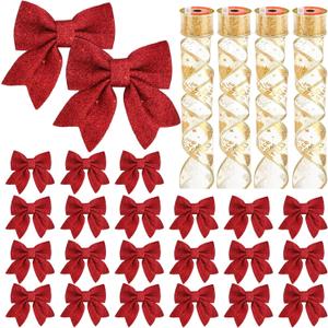 23pcs 5.5'' Mini Christmas Bow Decorations and 4 Rolls Sheer Glitter Ribbon, Sequin Wreaths Bows and Organza for Christmas Tree Ornaments Gift Wrapping (Red Bow and Golden Ribbon)