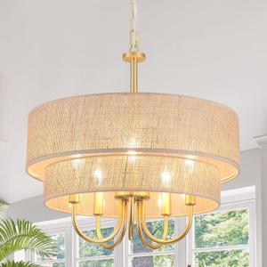 5-Light Modern Chandeliers for Dining Room, 18'' Drum Chandelier Light Fixture, Farmhouse Hanging Linen Drum Shade Chandelier Pendant Ceiling Light Fixture for Foyer Entryway Living Room, Gold