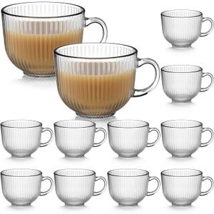 12 Pack Glass Coffee Mugs with Handles, 12 Ounces Glass Breakfast Mugs Bulk, Clear Tea Cups for Hot/cold Drinks, Glassware Set for Americano, Latte, Cappuccino(Ribbed)